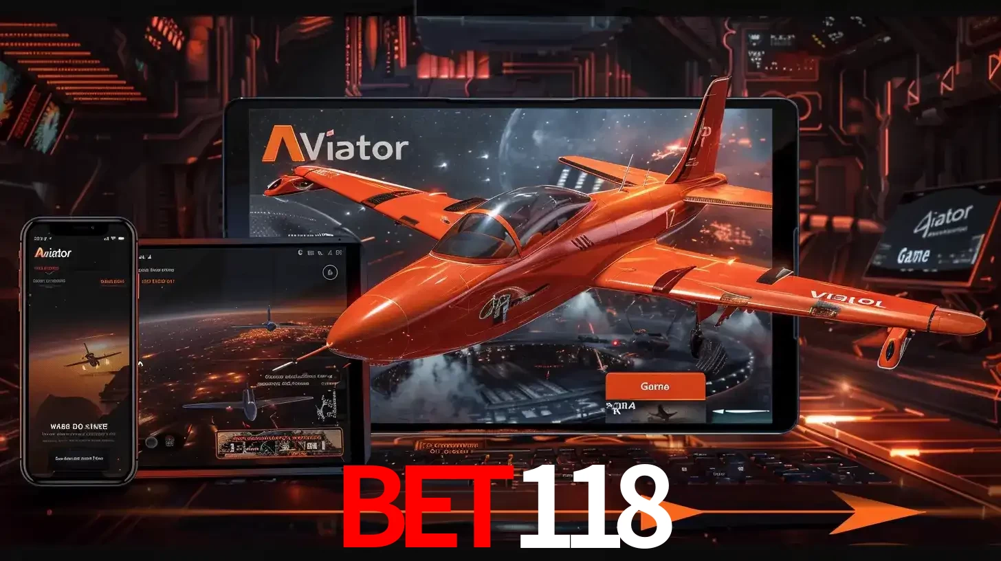 Apresentação tecnológica do jogo Aviator com um avião saindo da tela de um tablet, demonstrando a experiência imersiva em múltiplos dispositivos no BET118.