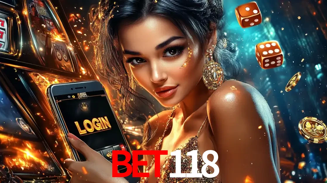 Mulher glamourosa segurando um celular com a tela de login do cassino BET118, rodeada por dados e moedas douradas, pronta para começar a diversão.
