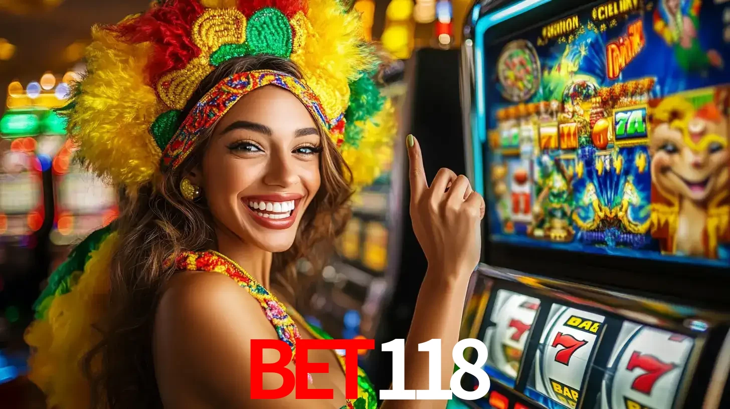 Mulher animada com um cocar de carnaval apontando para uma máquina de caça-níqueis, mostrando a emoção de ganhar um grande prêmio nos jogos do BET118.