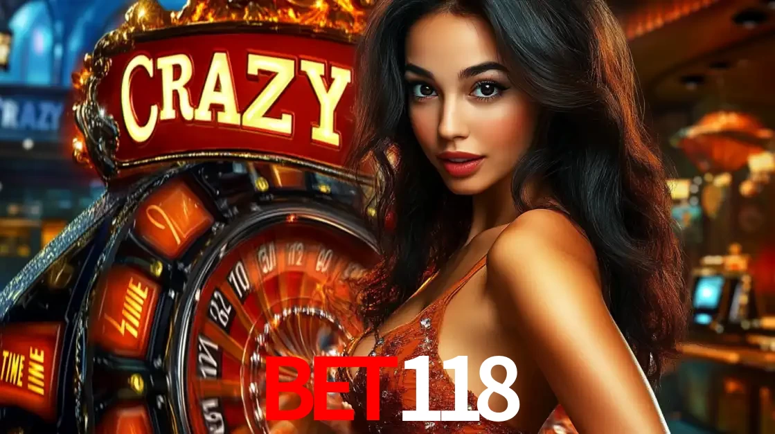 Mulher glamourosa olhando para a câmera com a roda vermelha do Crazy Time ao fundo em um ambiente de cassino, destacando a emoção dos jogos ao vivo no BET118.
