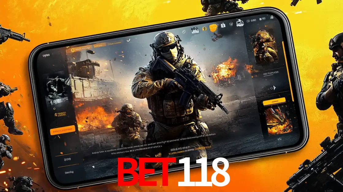 Um smartphone exibindo a interface de um jogo de tiro em primeira pessoa, com um soldado em um cenário de batalha, representando a ação dos e-sports para apostar no BET118.