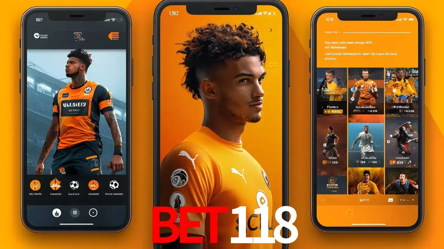 Interface do aplicativo de apostas esportivas BET118 em três telas de celular, mostrando o perfil de um jogador de futebol e a lista de jogos disponíveis para apostar.
