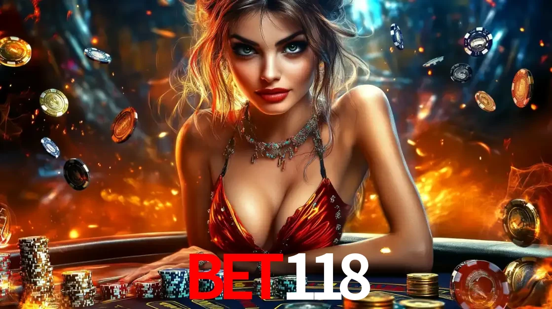Mulher em uma mesa de cassino com pilhas de fichas e um fundo de fogo, pronta para uma rodada de altas apostas nos jogos de mesa emocionantes do cassino BET118.