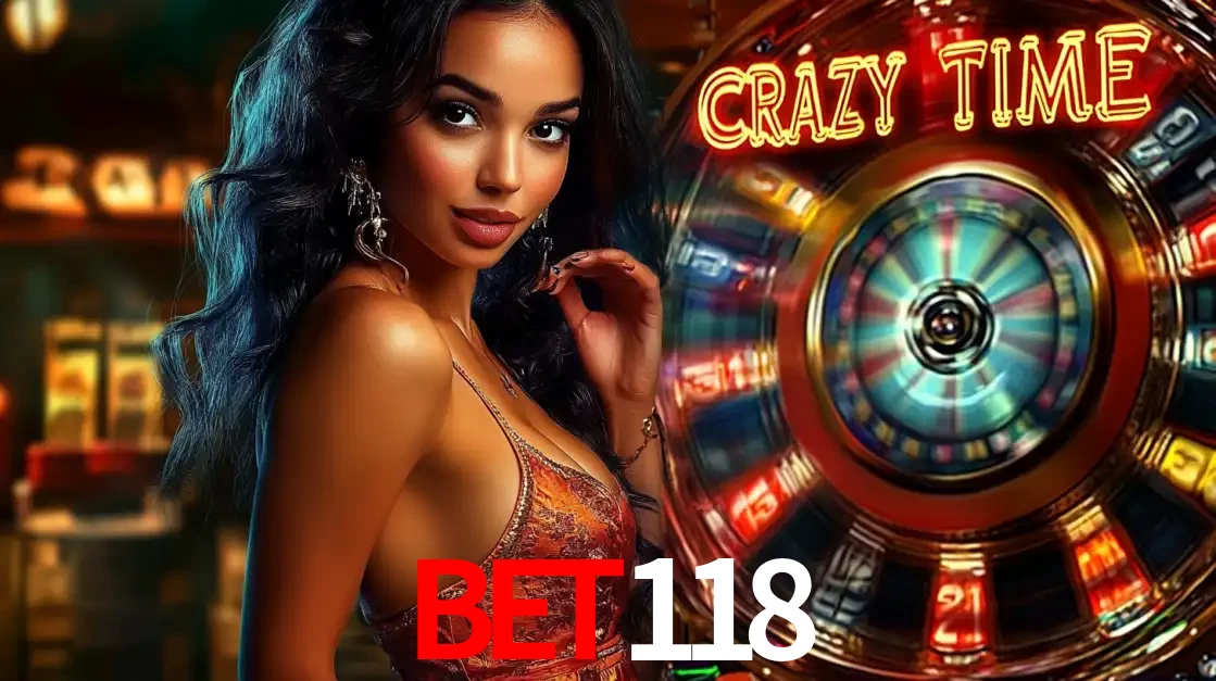 Mulher elegante ao lado da vibrante roda da fortuna do jogo de cassino ao vivo Crazy Time, um dos game shows mais populares e cheios de prêmios do BET118.