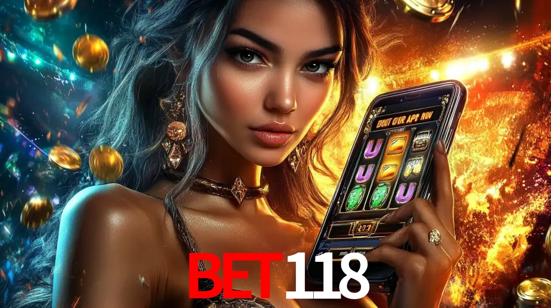 Mulher elegante mostrando um jogo de caça-níqueis em seu smartphone, destacando a experiência de cassino móvel oferecida pelo aplicativo BET118.