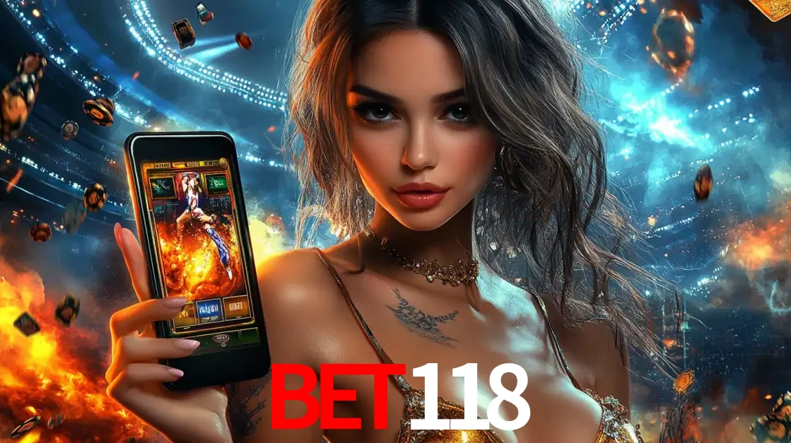 Mulher segurando um celular com um jogo de slot em destaque, tendo como fundo um estádio vibrante, simbolizando a emoção de jogar no cassino móvel BET118.
